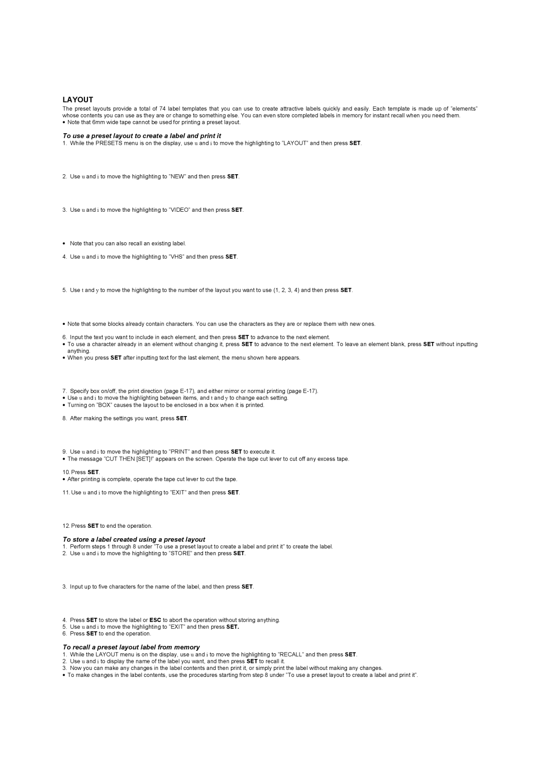 Casio KL-8100 manual To use a preset layout to create a label and print it, To store a label created using a preset layout 