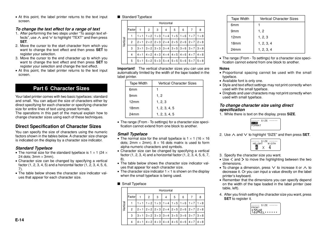 Casio KL-8100 manual Part 6 Character Sizes, Direct Specification of Character Sizes, Standard Typeface, Small Typeface 