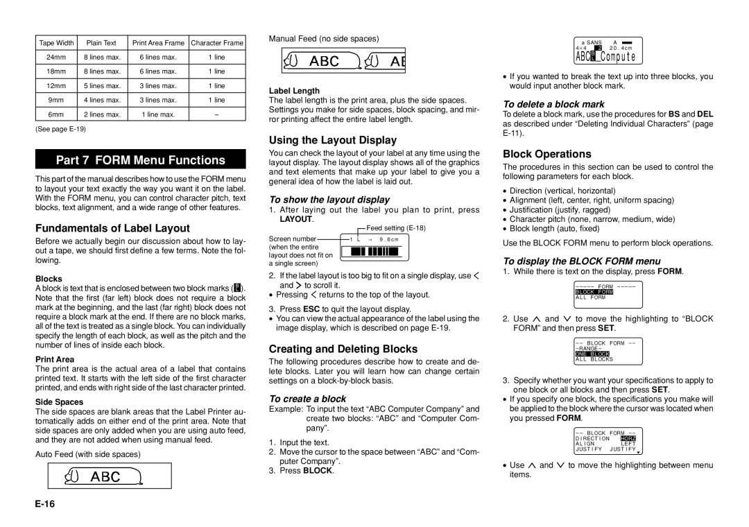 Casio KL-8100 manual Part 7 FORM Menu Functions, Fundamentals of Label Layout, Using the Layout Display, Block Operations 