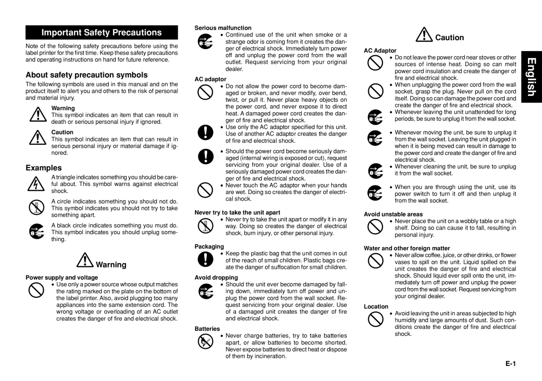 Casio KL-8100 manual Important Safety Precautions, About safety precaution symbols, Examples, English 