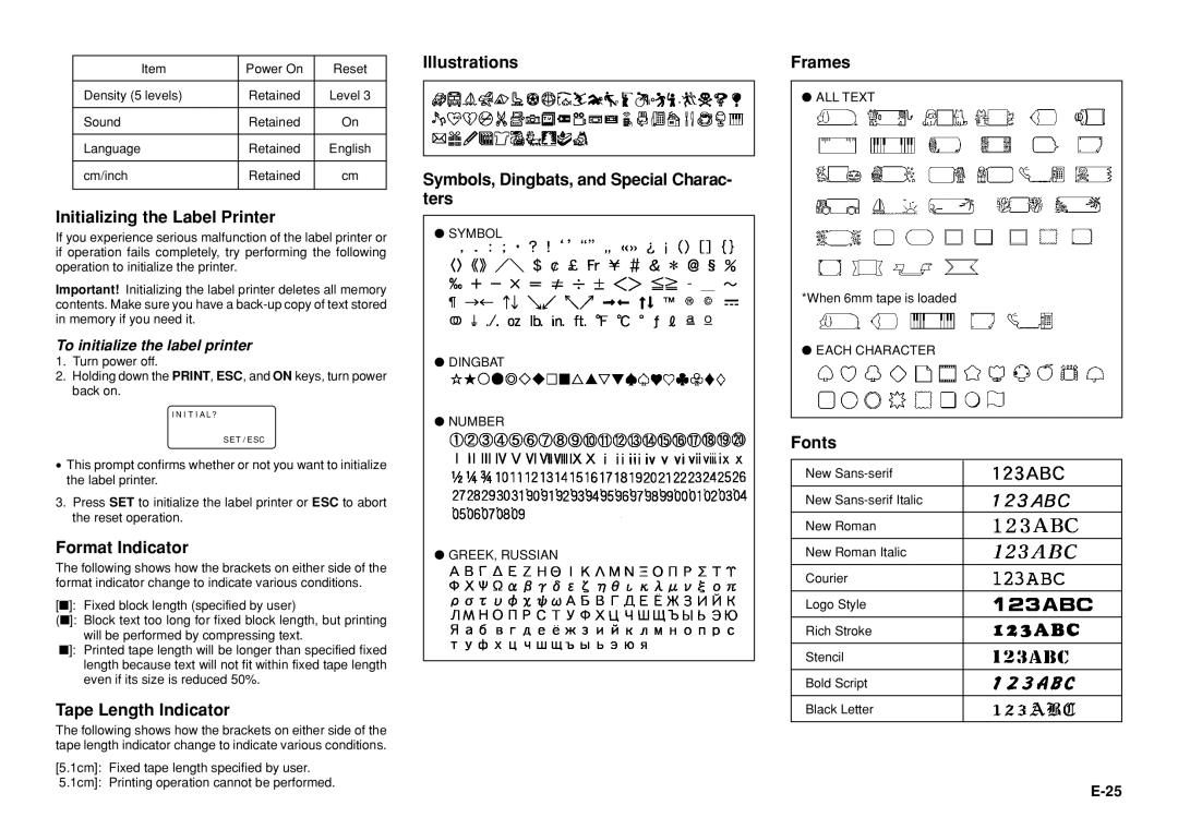 Casio KL-8100 manual Initializing the Label Printer, Format Indicator, Tape Length Indicator, Frames, Fonts 