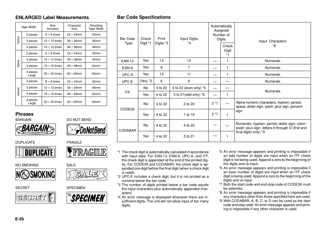 Casio KL-8100 manual ENLARGED Label Measurements, Phrases, Bar Code Specifications, E-26 