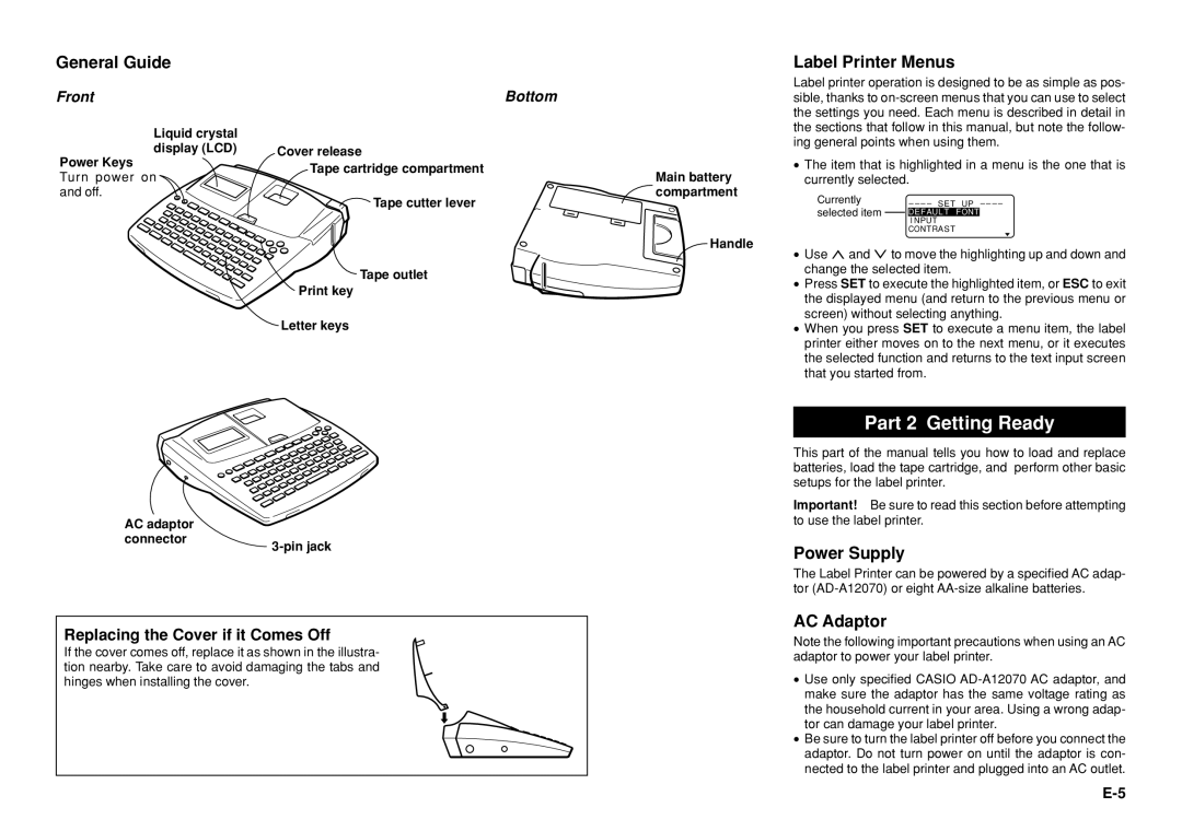 Casio KL-8100 manual Part 2 Getting Ready, General Guide, Label Printer Menus, Power Supply, AC Adaptor, Front, Bottom 