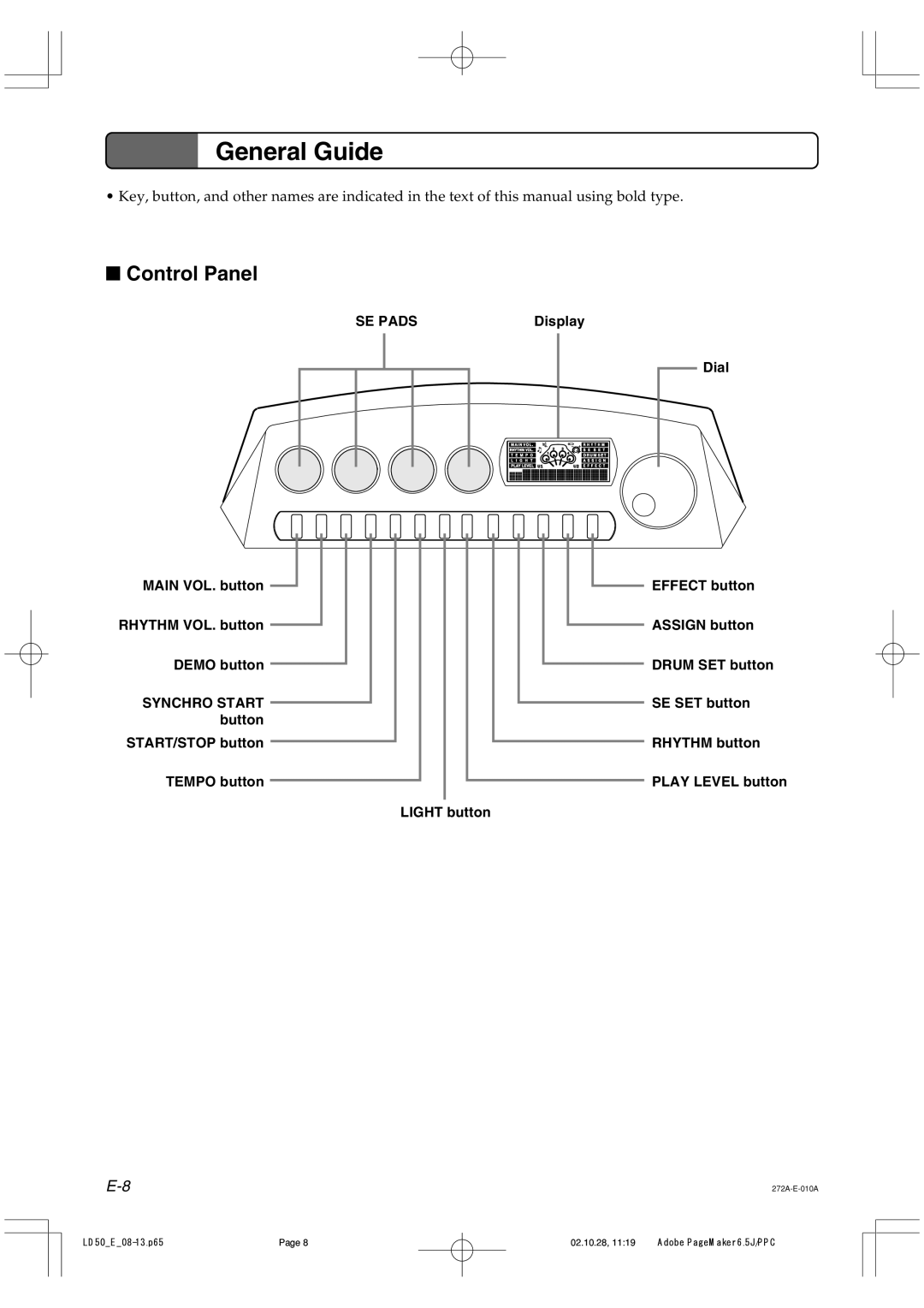 Casio LD50 manual General Guide, Control Panel 