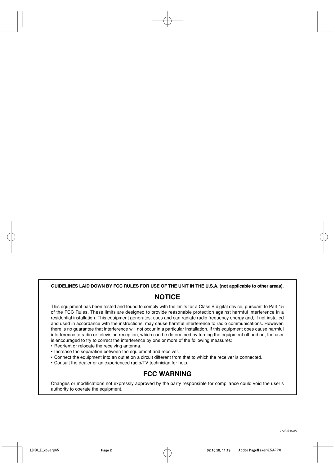 Casio LD50 manual FCC Warning 