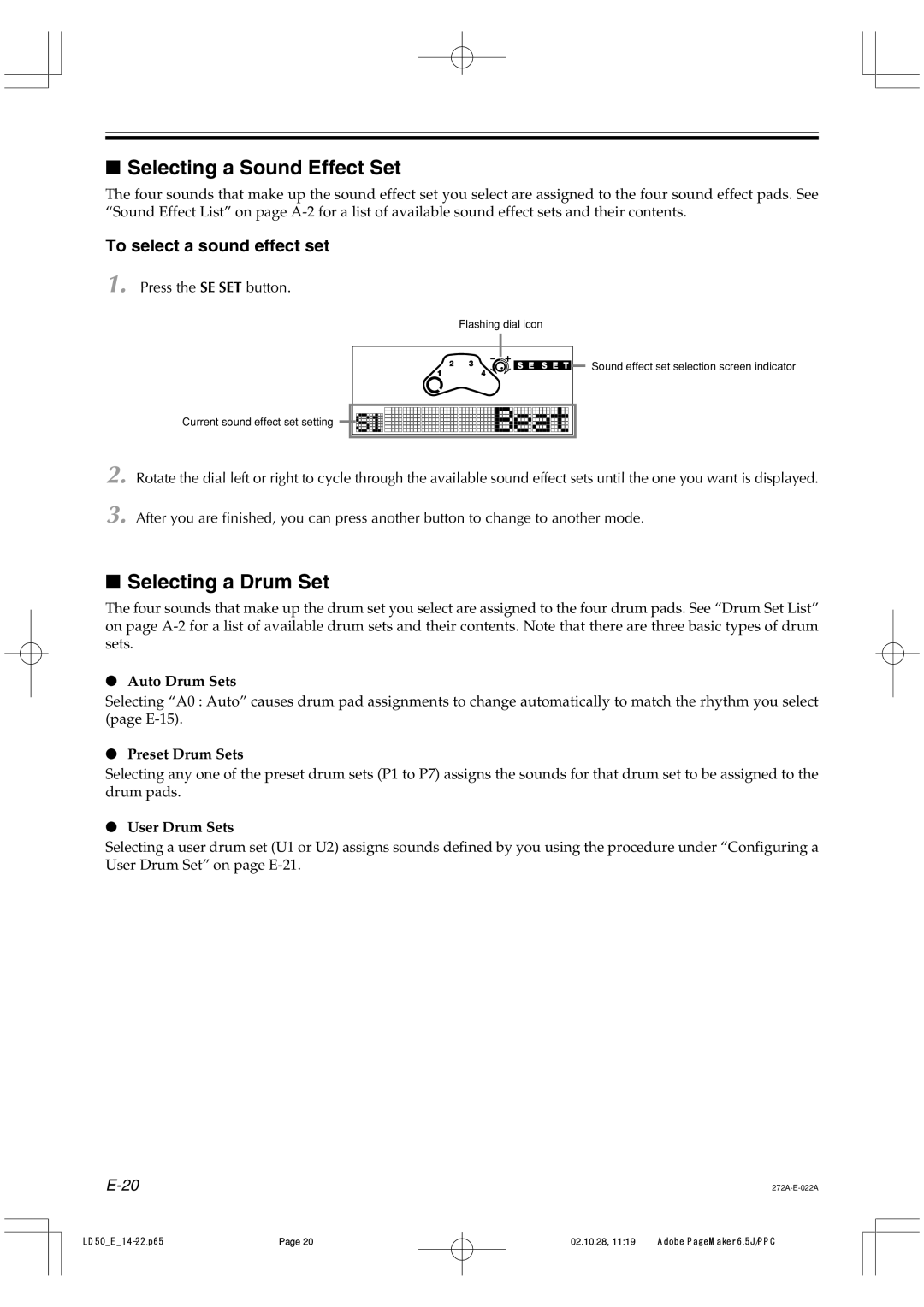 Casio LD50 manual Selecting a Sound Effect Set, Selecting a Drum Set, To select a sound effect set 