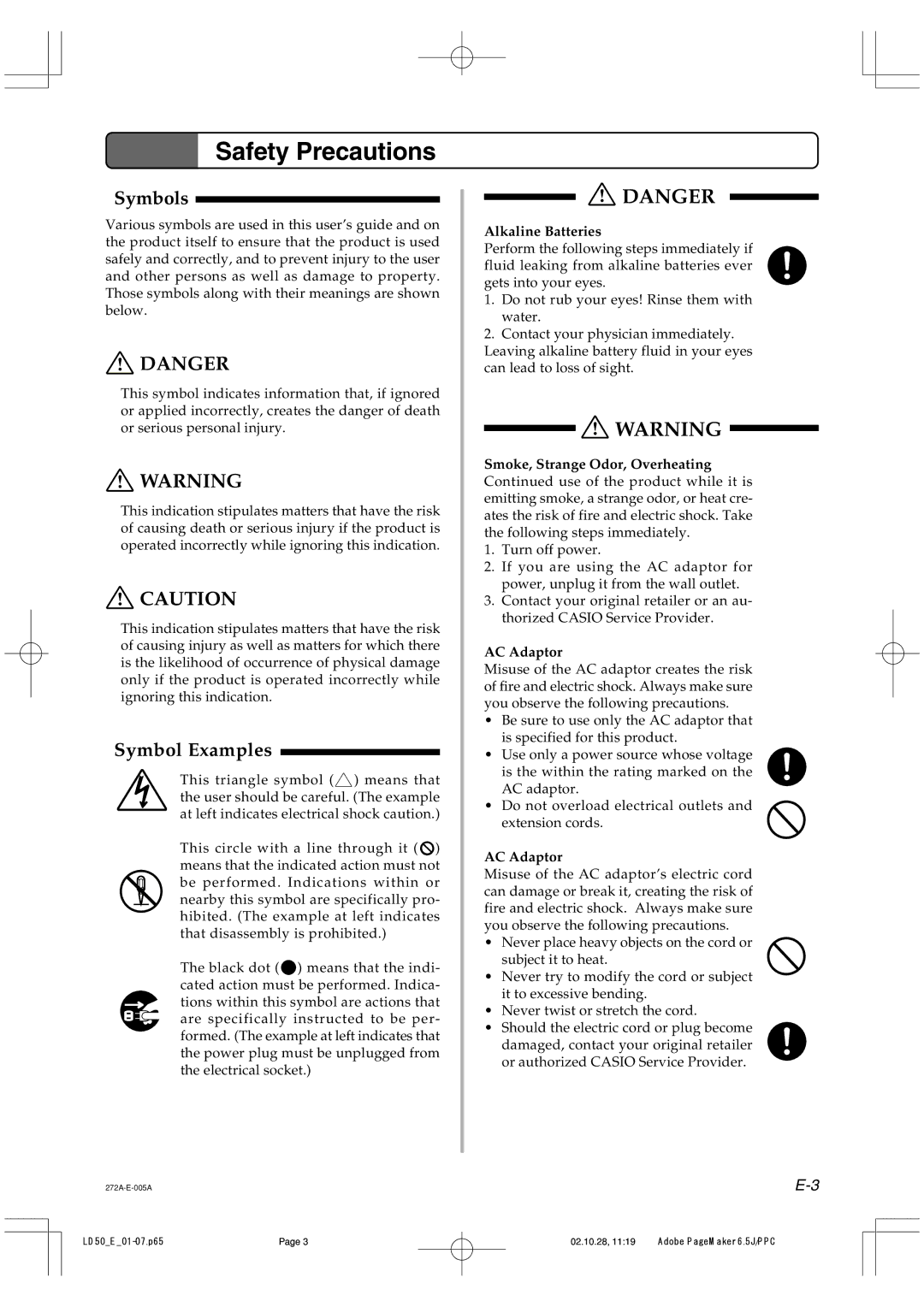 Casio LD50 manual Safety Precautions 