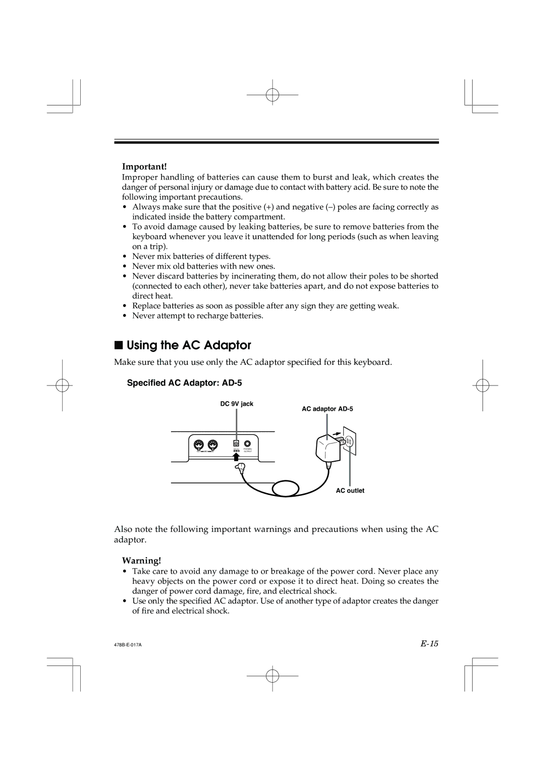 Casio LK-40 manual Using the AC Adaptor, Specified AC Adaptor AD-5 