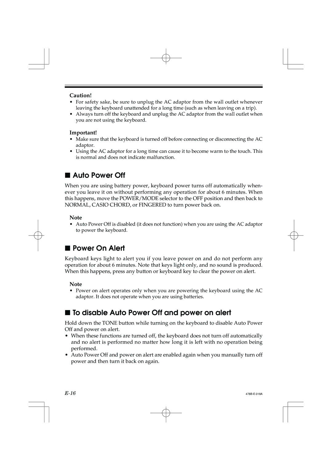 Casio LK-40 manual Power On Alert, To disable Auto Power Off and power on alert 