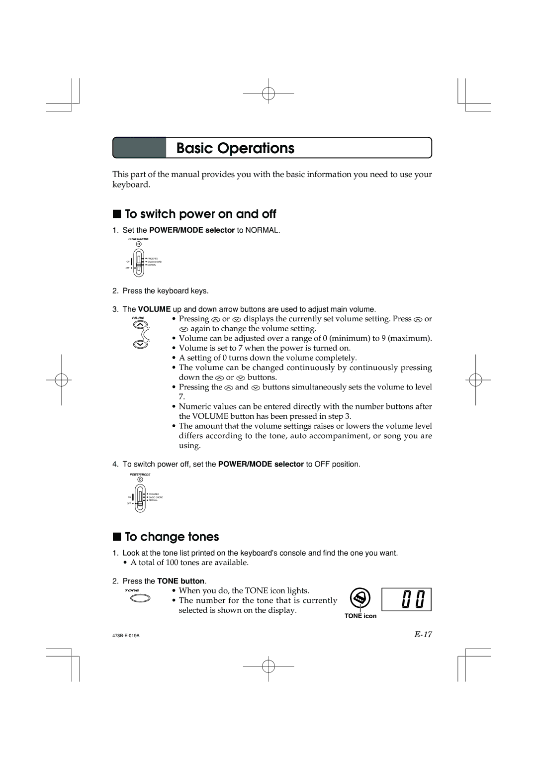 Casio LK-40 manual Basic Operations, To switch power on and off, To change tones 