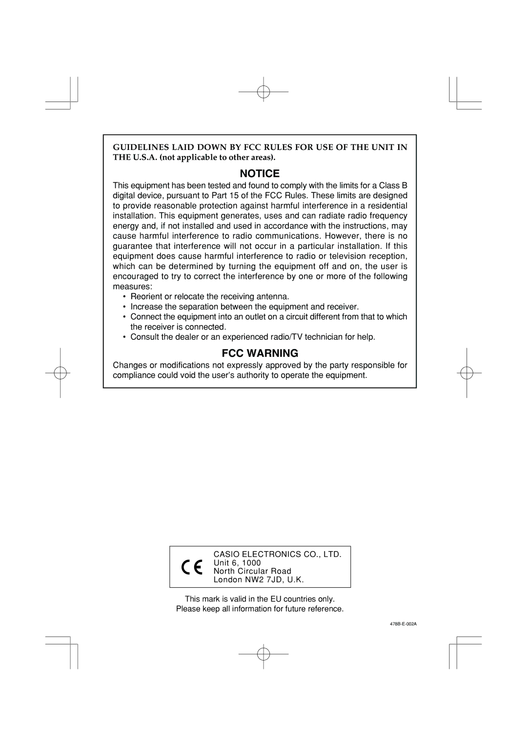 Casio LK-40 manual FCC Warning 