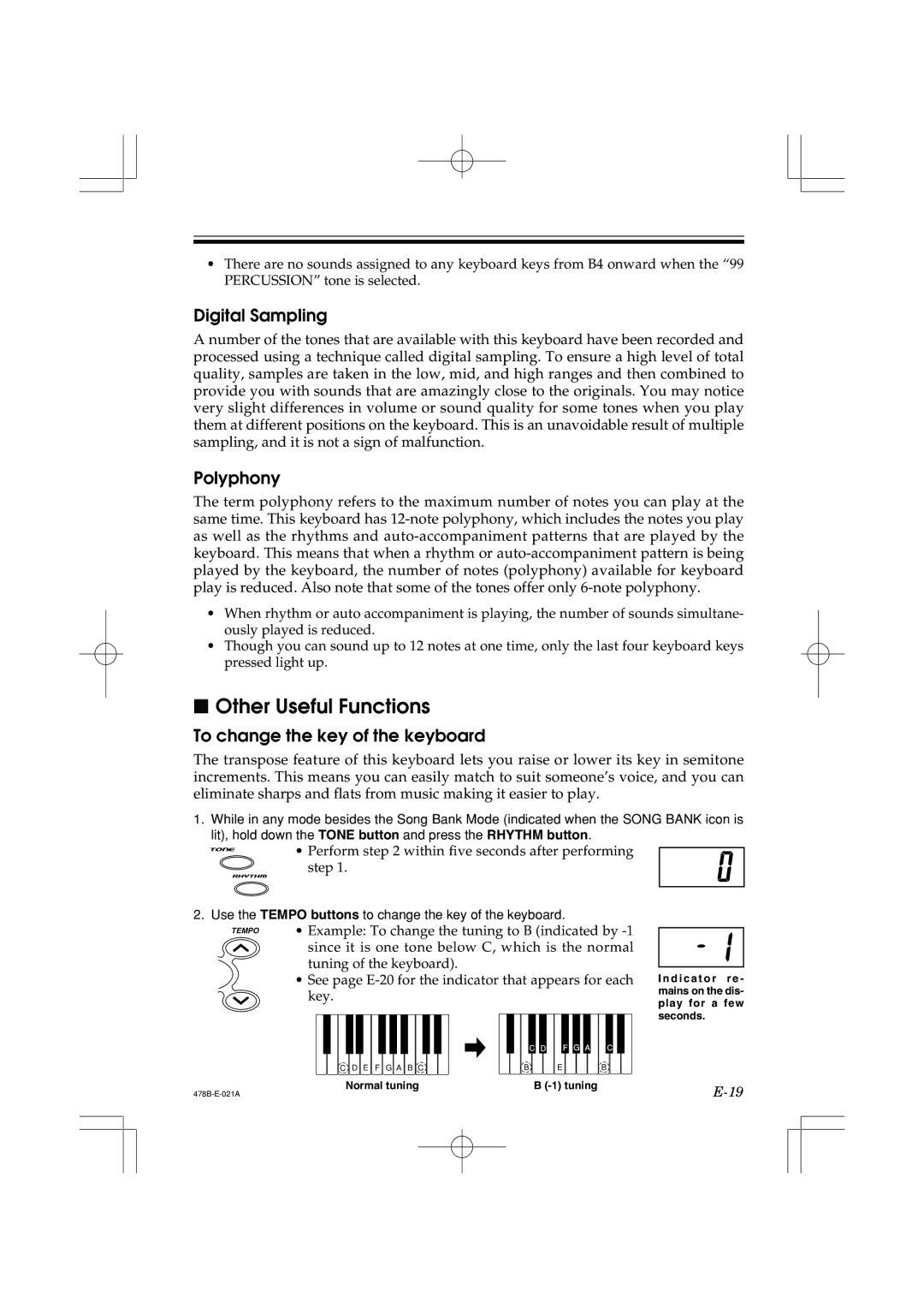 Casio LK-40 manual Other Useful Functions, Digital Sampling, Polyphony, To change the key of the keyboard 