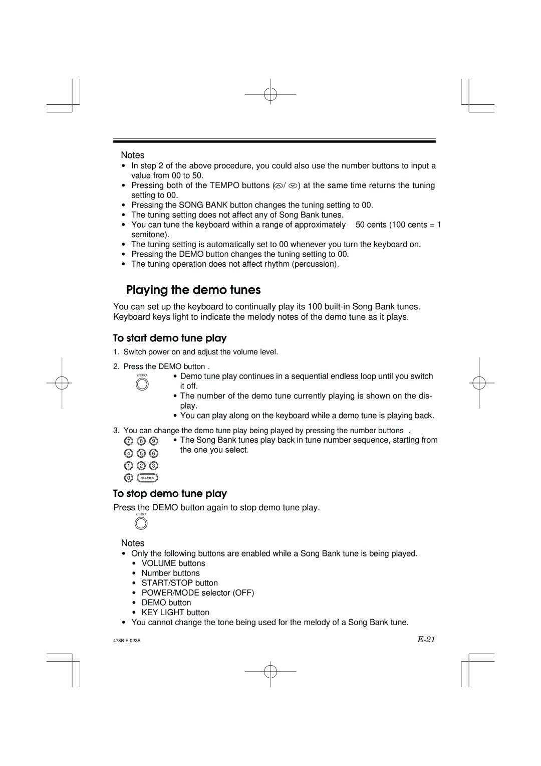 Casio LK-40 manual Playing the demo tunes, To start demo tune play, To stop demo tune play 