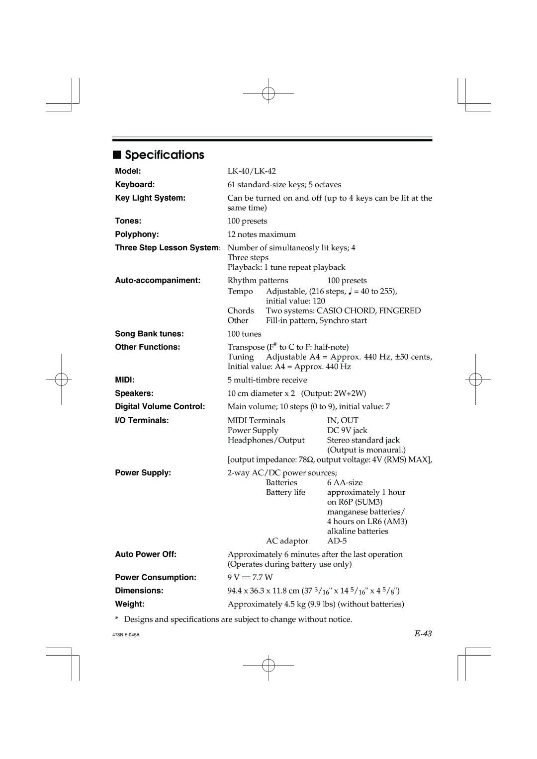 Casio LK-40 manual Specifications, Polyphony 