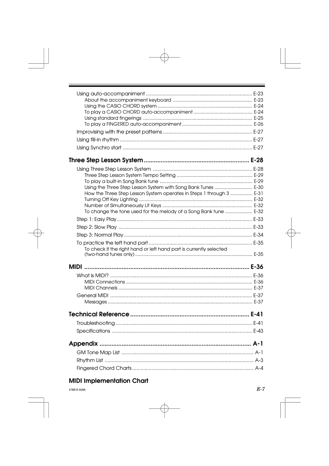 Casio LK-40 manual Three Step Lesson System, Technical Reference, Appendix, Midi Implementation Chart 