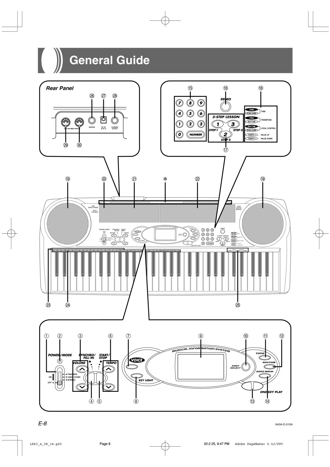 Casio LK-43 manual General Guide, Rear Panel 