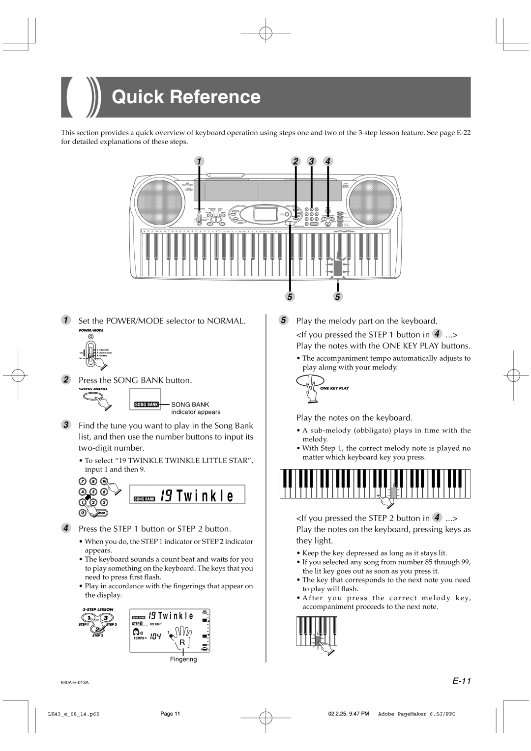 Casio LK-43 manual Quick Reference, Tw i n k l e, Press the button or button, Play the melody part on the keyboard 