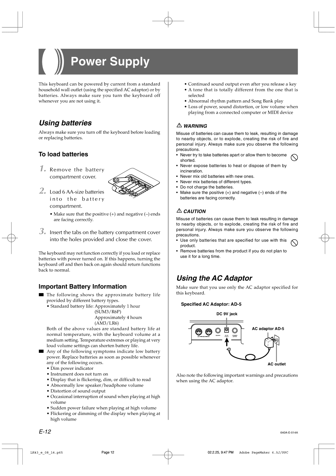 Casio LK-43 manual Power Supply, Using batteries, Using the AC Adaptor, To load batteries, Important Battery Information 