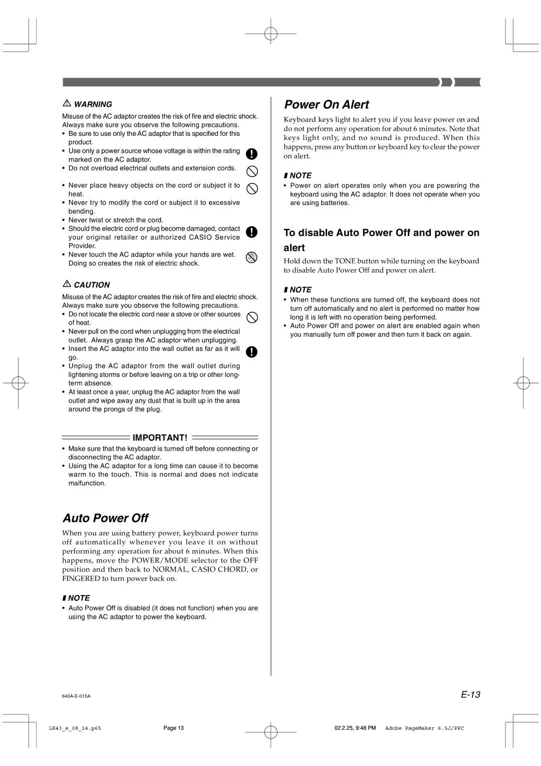 Casio LK-43 manual Power On Alert, To disable Auto Power Off and power on Alert 