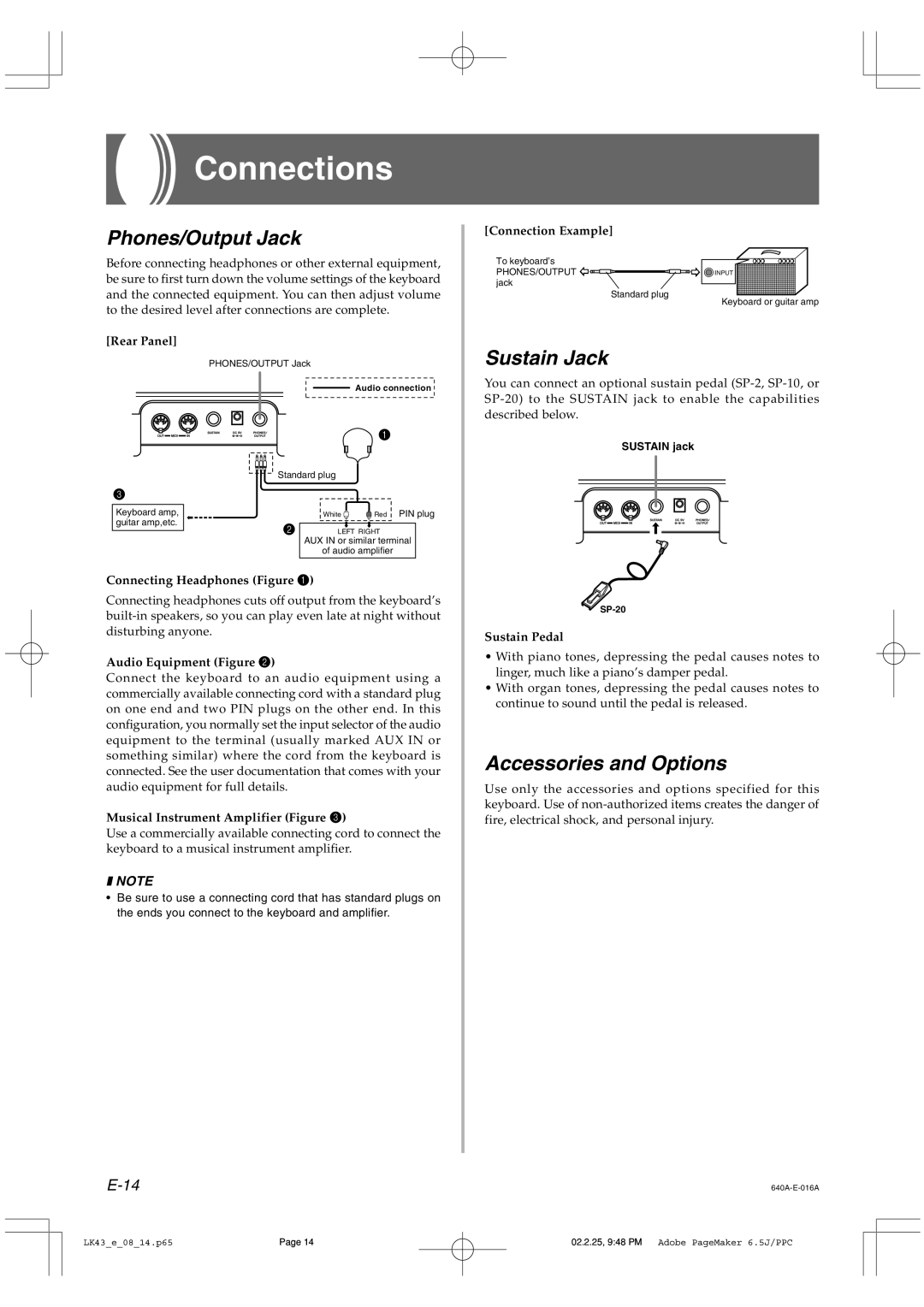 Casio LK-43 manual Connections, Phones/Output Jack, Sustain Jack, Accessories and Options 