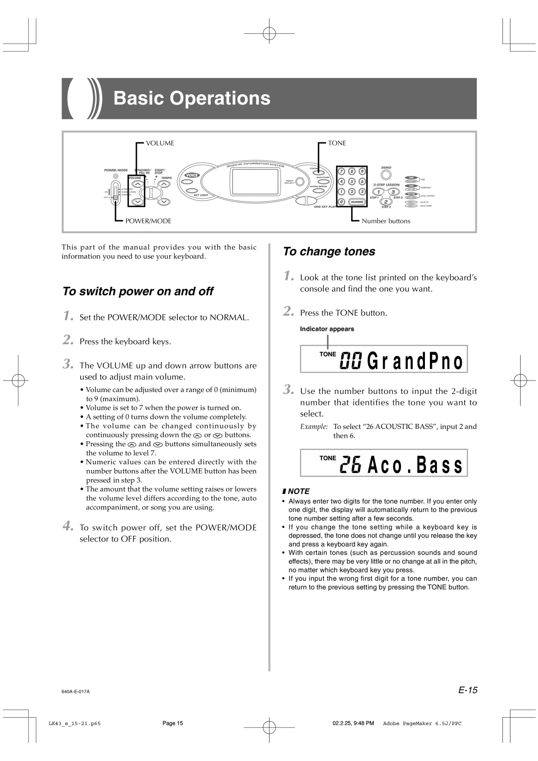 Casio LK-43 manual Basic Operations, To switch power on and off, To change tones 