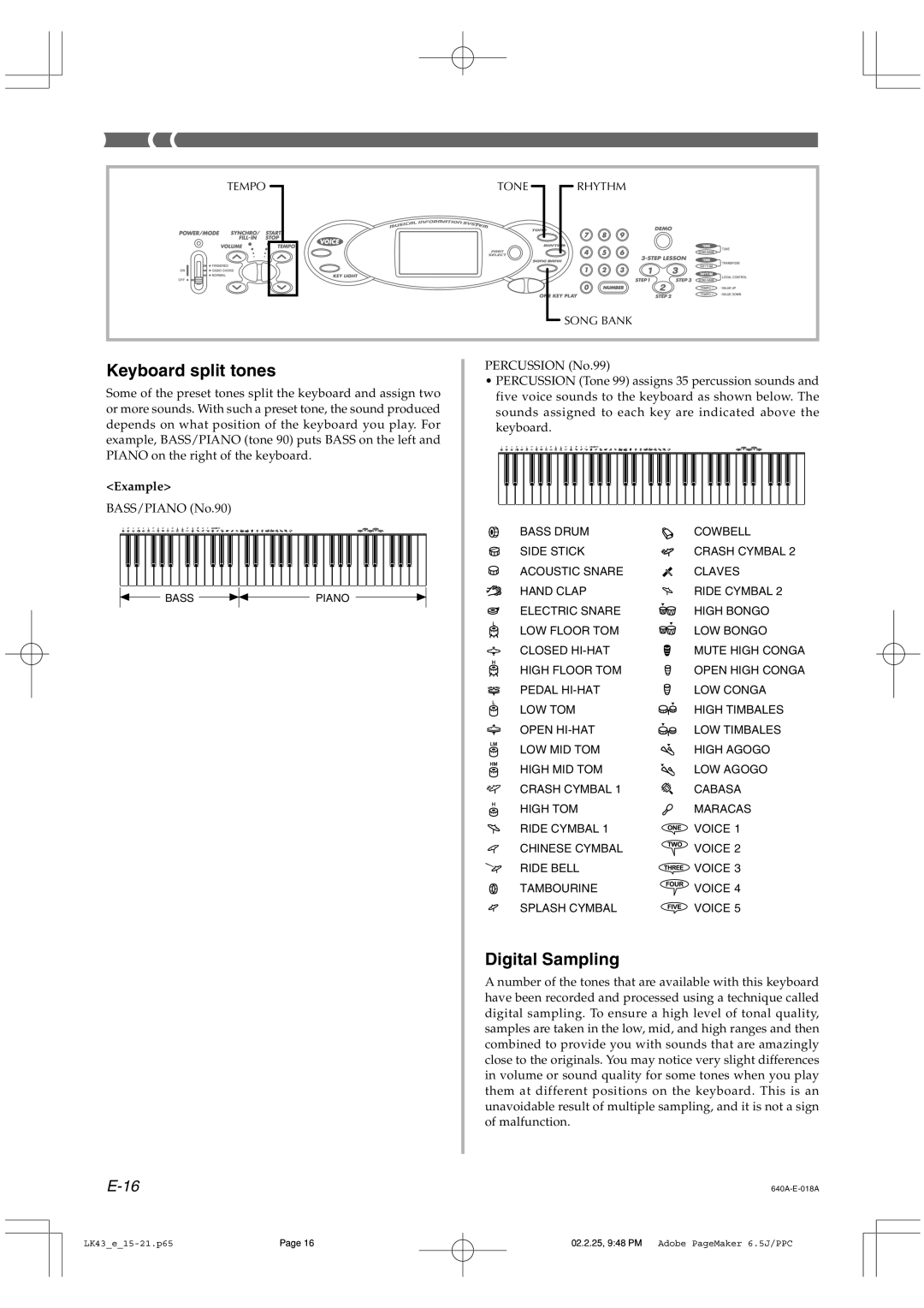 Casio LK-43 manual Keyboard split tones, Digital Sampling, Example 