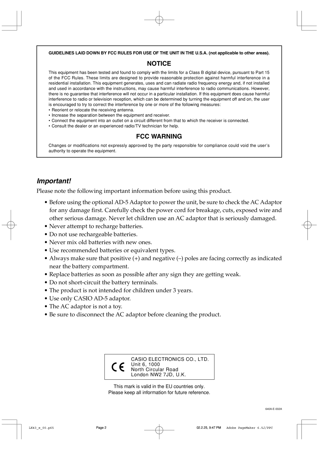 Casio LK-43 manual FCC Warning 