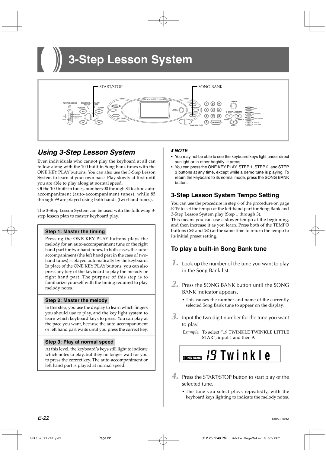 Casio LK-43 manual Using 3-Step Lesson System, Step Lesson System Tempo Setting, To play a built-in Song Bank tune 