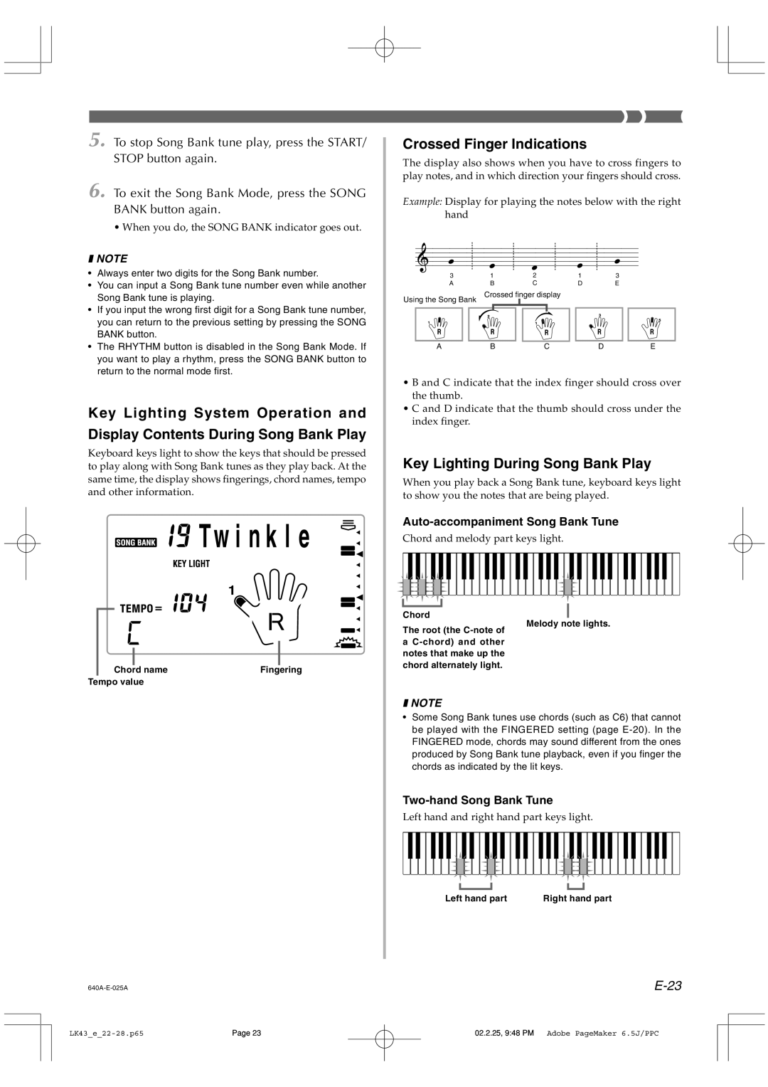 Casio LK-43 manual Crossed Finger Indications, Key Lighting During Song Bank Play 