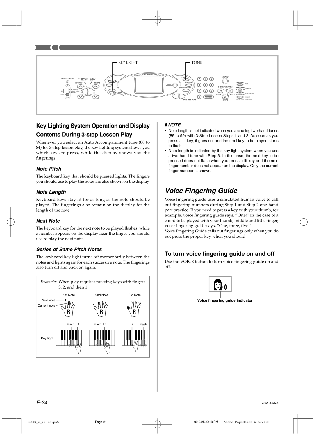 Casio LK-43 manual Voice Fingering Guide, To turn voice fingering guide on and off 