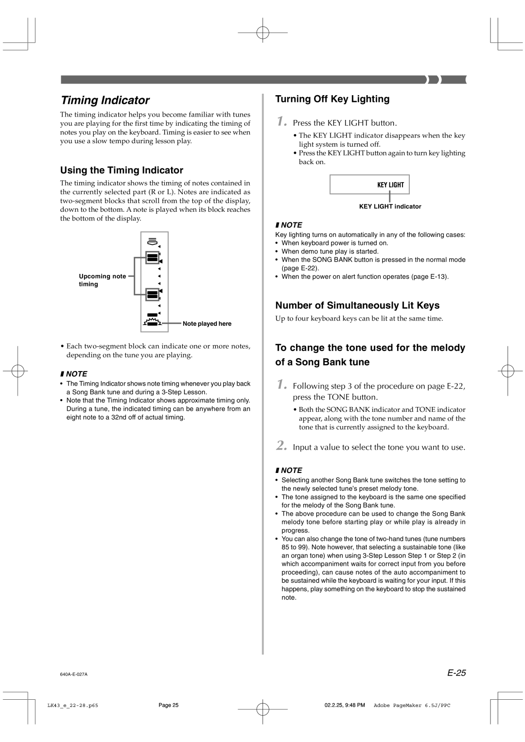 Casio LK-43 manual Using the Timing Indicator, Turning Off Key Lighting, Number of Simultaneously Lit Keys 