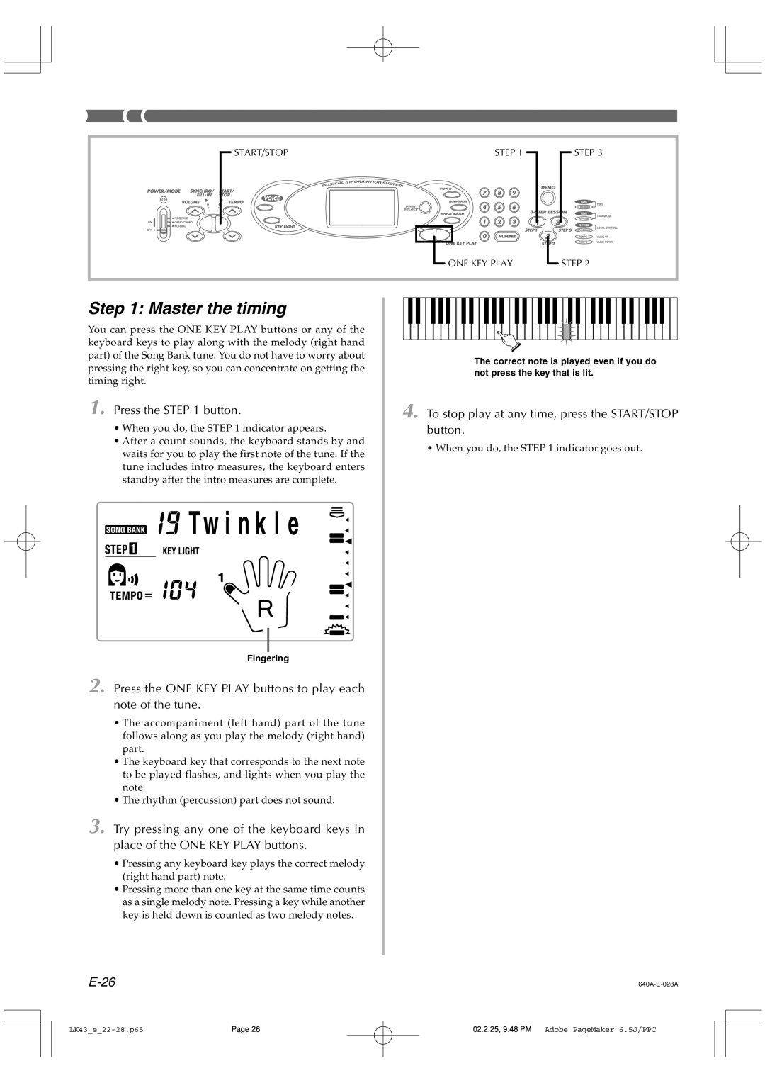 Casio LK-43 manual Master the timing, Press the button, To stop play at any time, press the START/STOP button 