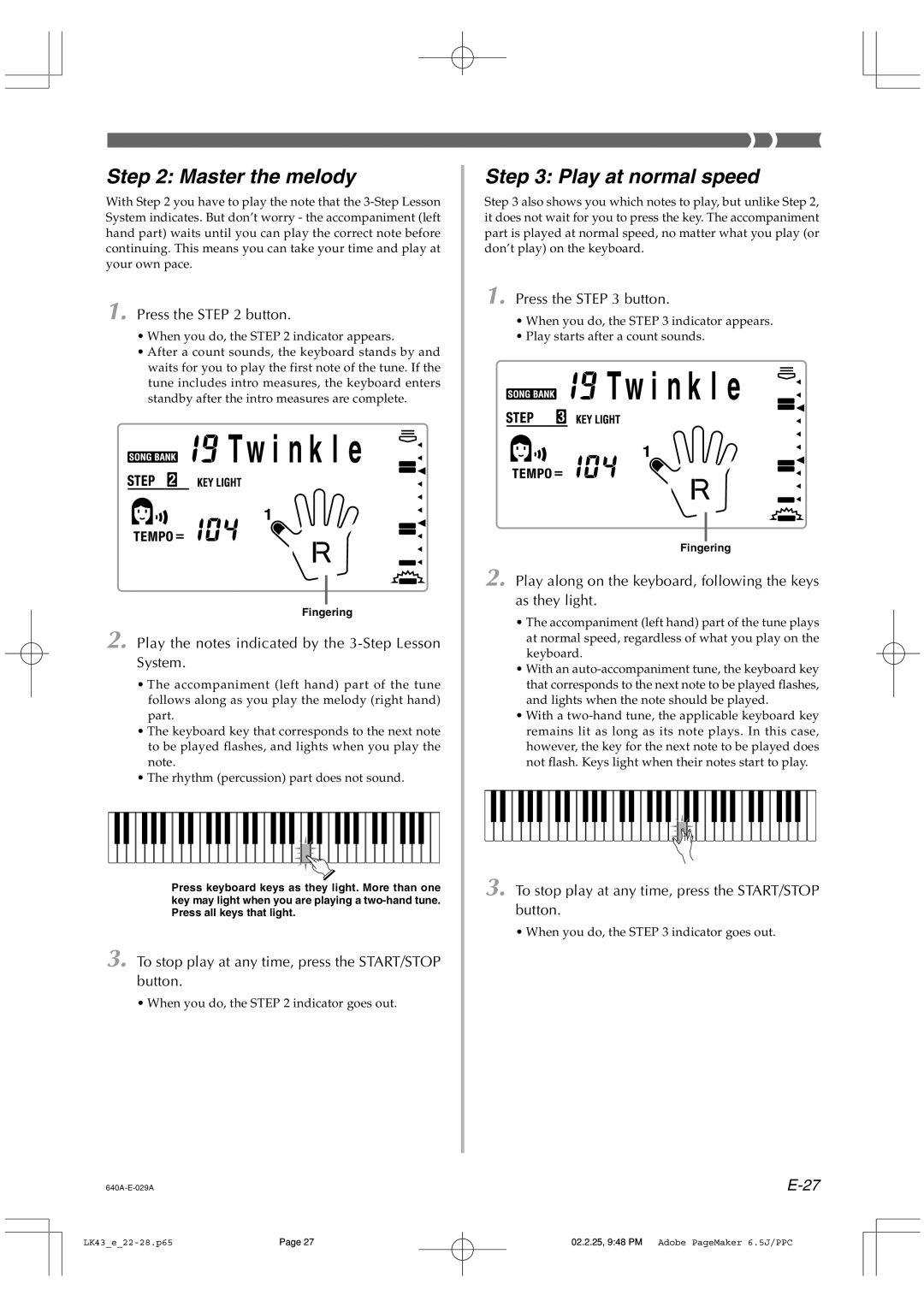 Casio LK-43 manual Master the melody, Play at normal speed, Play the notes indicated by the 3-Step Lesson System 