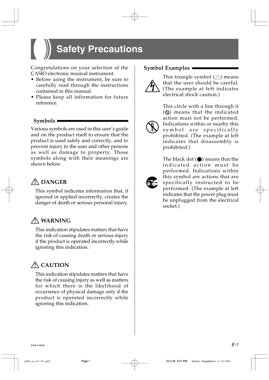 Casio LK-43 manual Safety Precautions, Symbols 