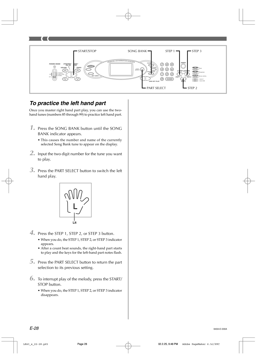 Casio LK-43 manual To practice the left hand part, Press the , , or button 