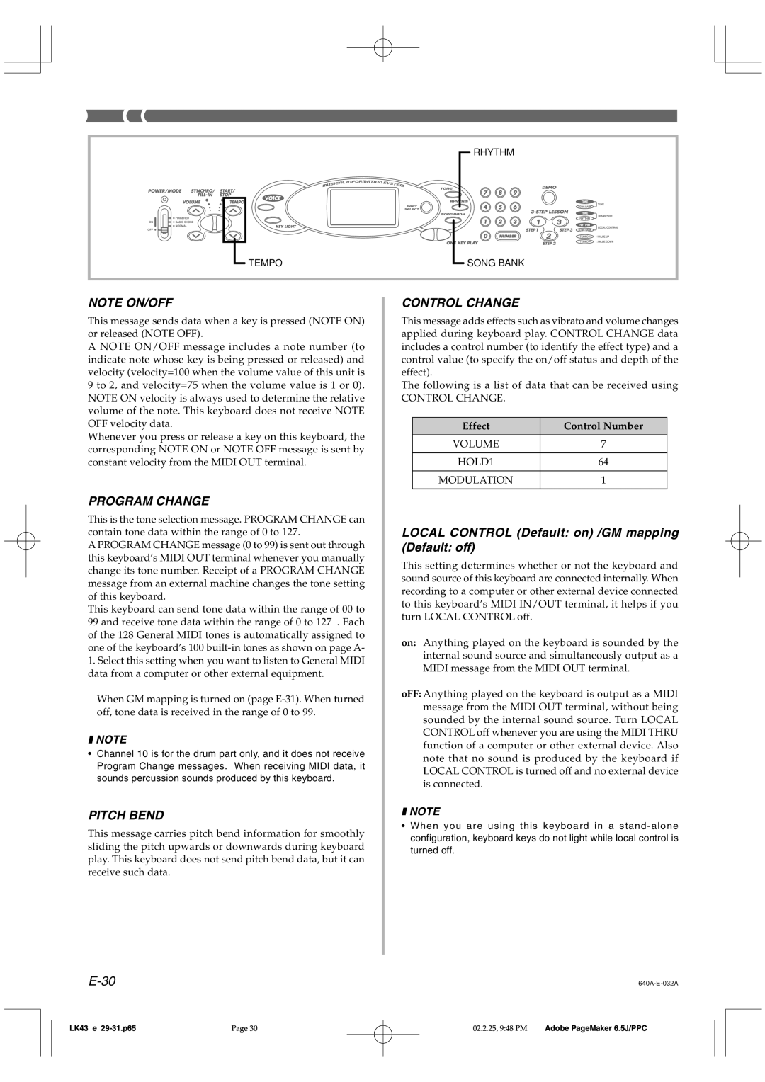 Casio LK-43 manual Program Change, Effect Control Number 