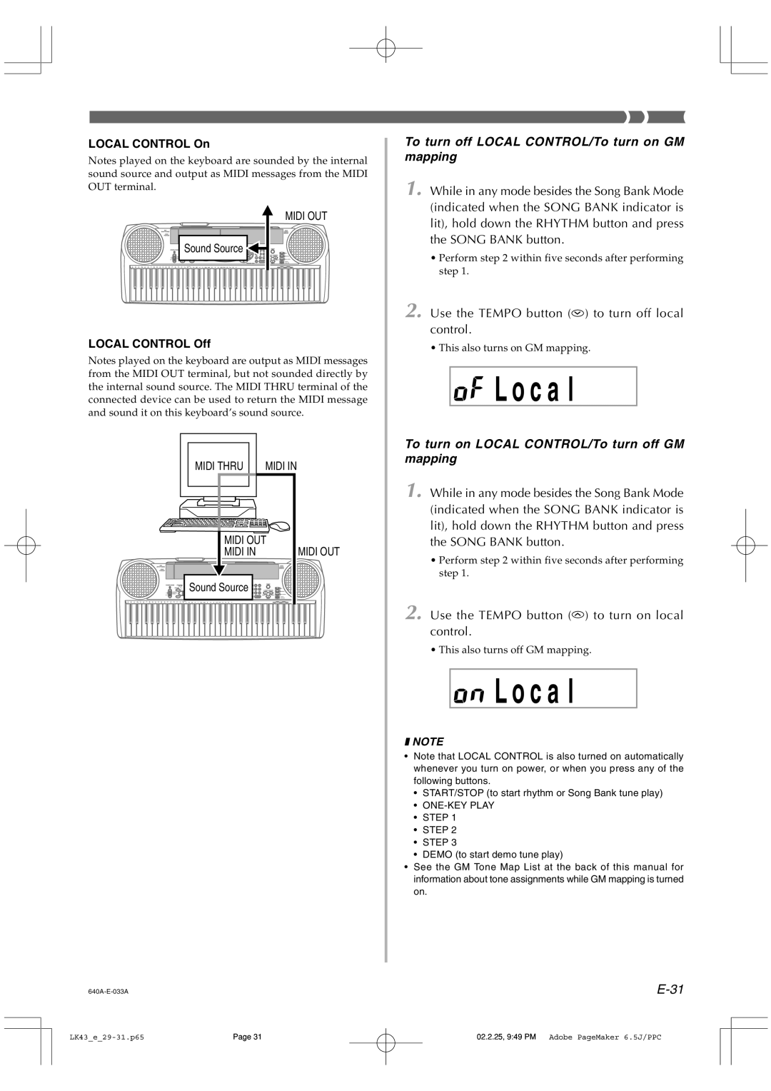 Casio LK-43 manual Use the Tempo button to turn off local control, Use the Tempo button to turn on local control 