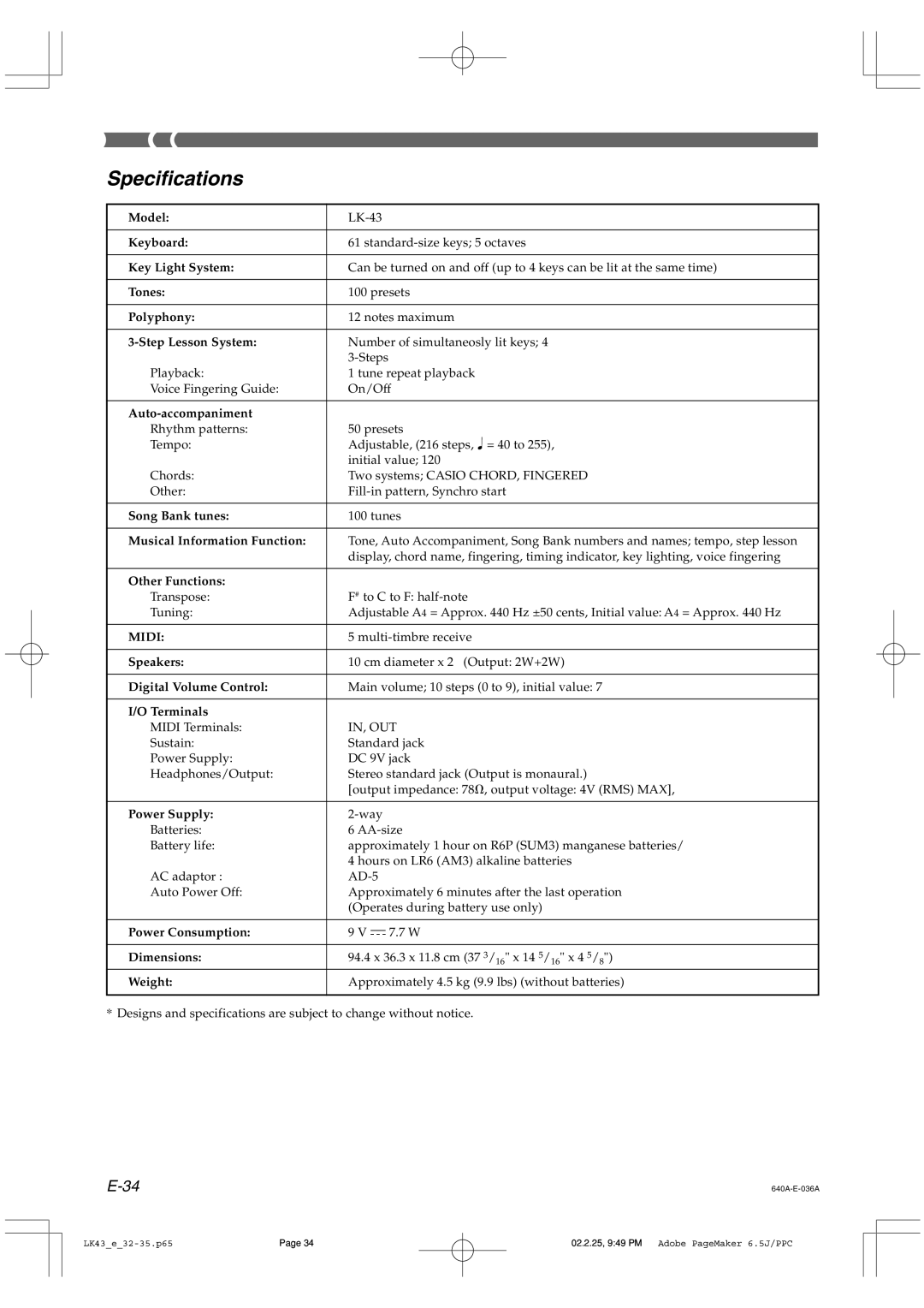 Casio LK-43 manual Specifications 