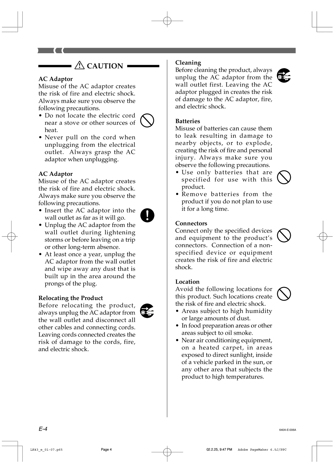 Casio LK-43 manual Relocating the Product 