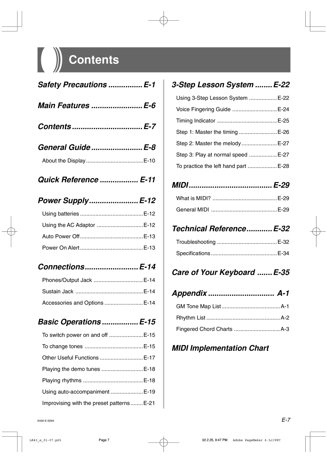 Casio LK-43 manual Contents 