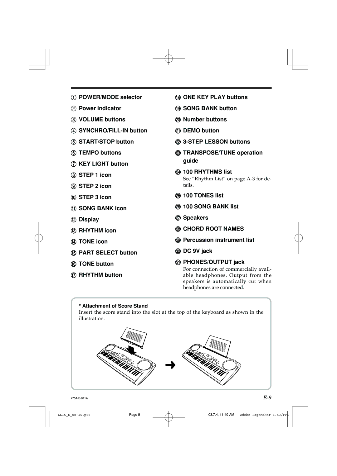 Casio LK35 manual Tones list Song Bank list Speakers, Percussion instrument list DC 9V jack PHONES/OUTPUT jack 