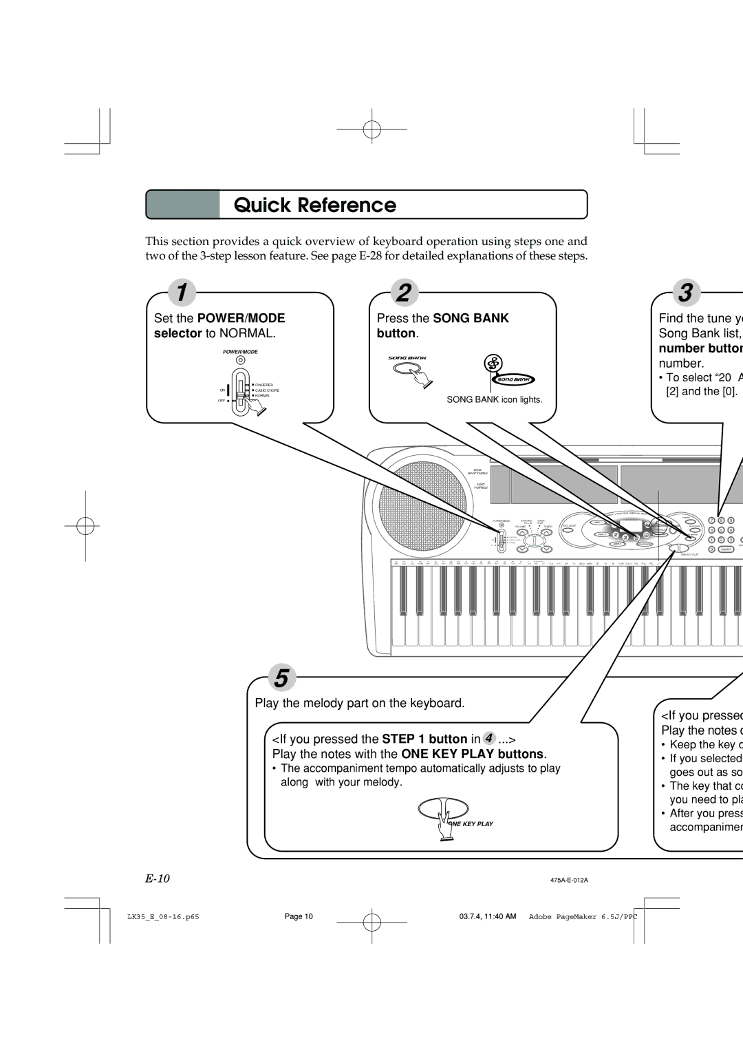 Casio LK35 manual Quick Reference, Set the POWER/MODE, Button 