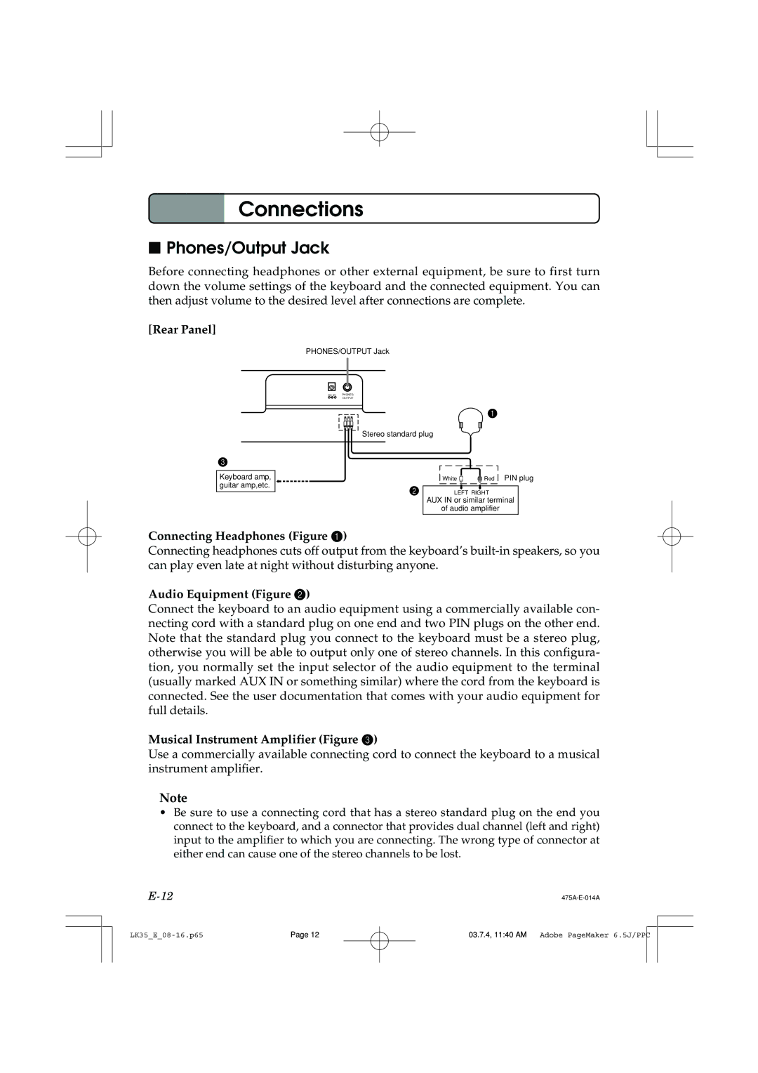 Casio LK35 manual Connections, Phones/Output Jack 