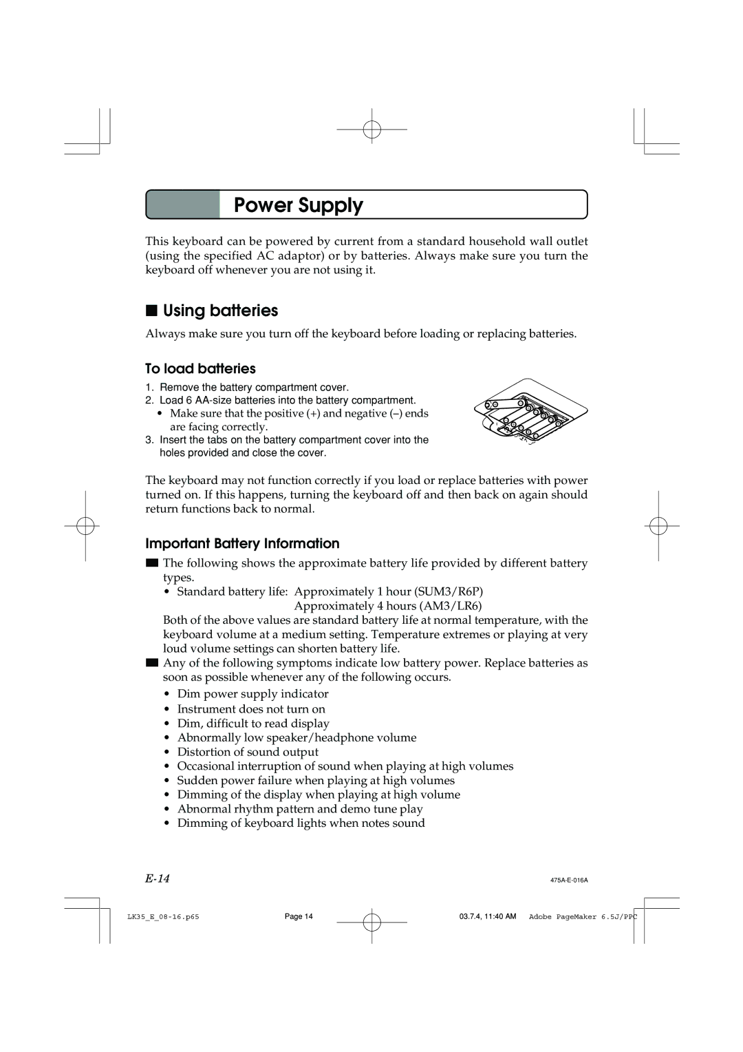 Casio LK35 manual Power Supply, Using batteries, To load batteries, Important Battery Information 