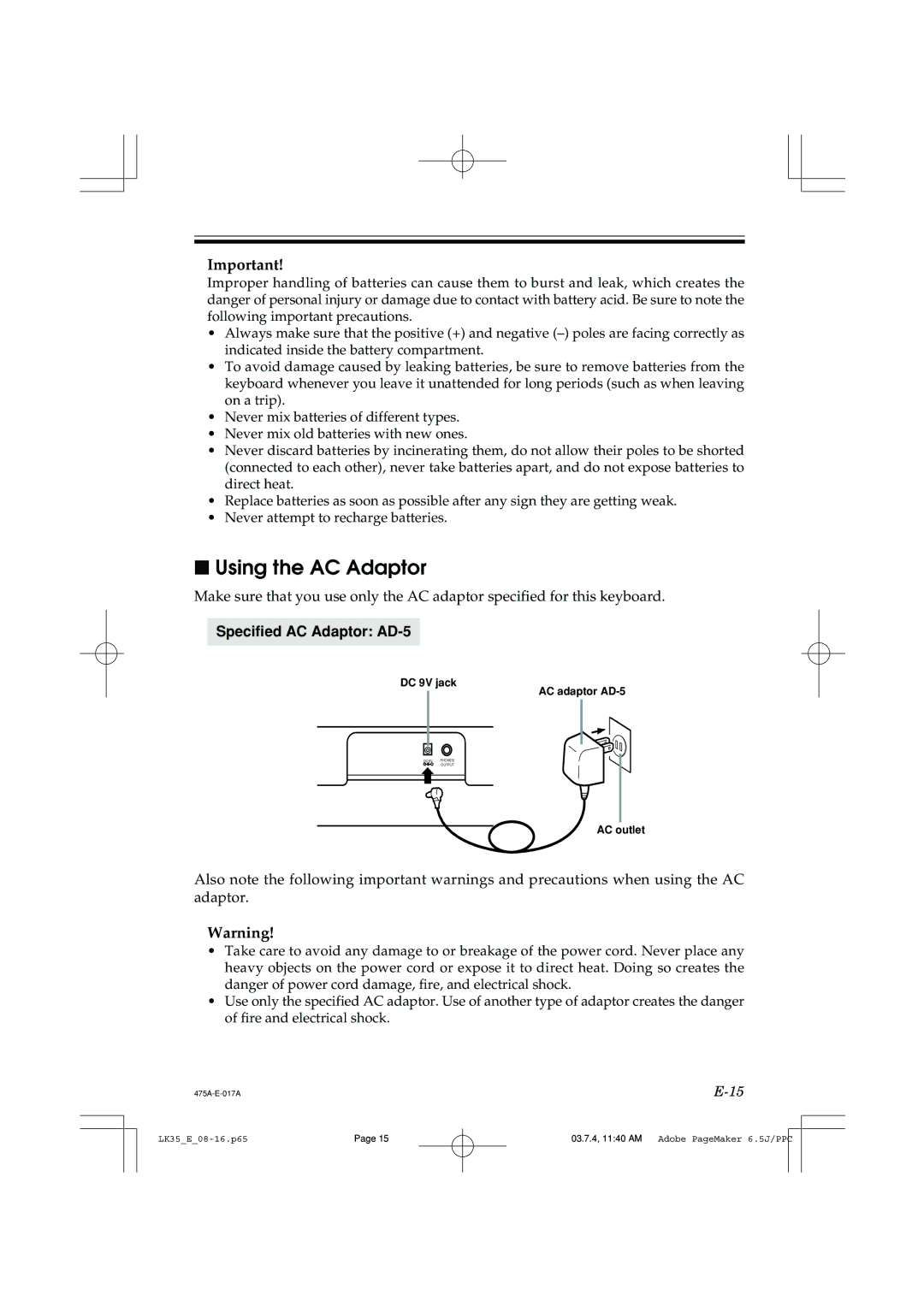 Casio LK35 manual Using the AC Adaptor, Specified AC Adaptor AD-5 