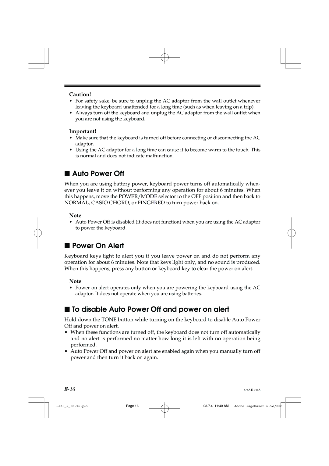 Casio LK35 manual Power On Alert, To disable Auto Power Off and power on alert 