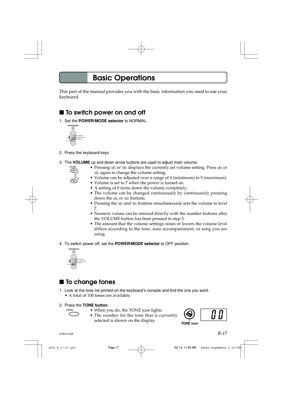 Casio LK35 manual Basic Operations, To switch power on and off, To change tones 