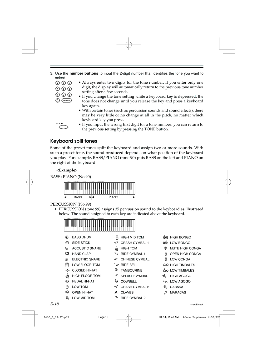 Casio LK35 manual Keyboard split tones, Example 