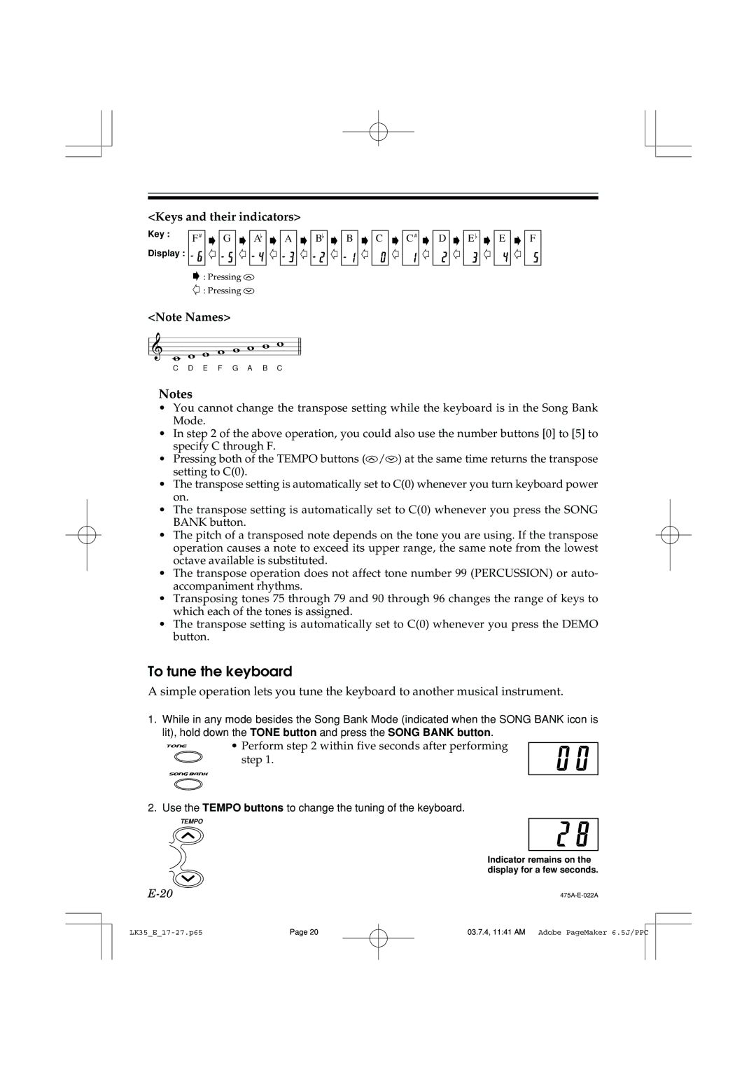 Casio LK35 manual To tune the keyboard, Keys and their indicators 