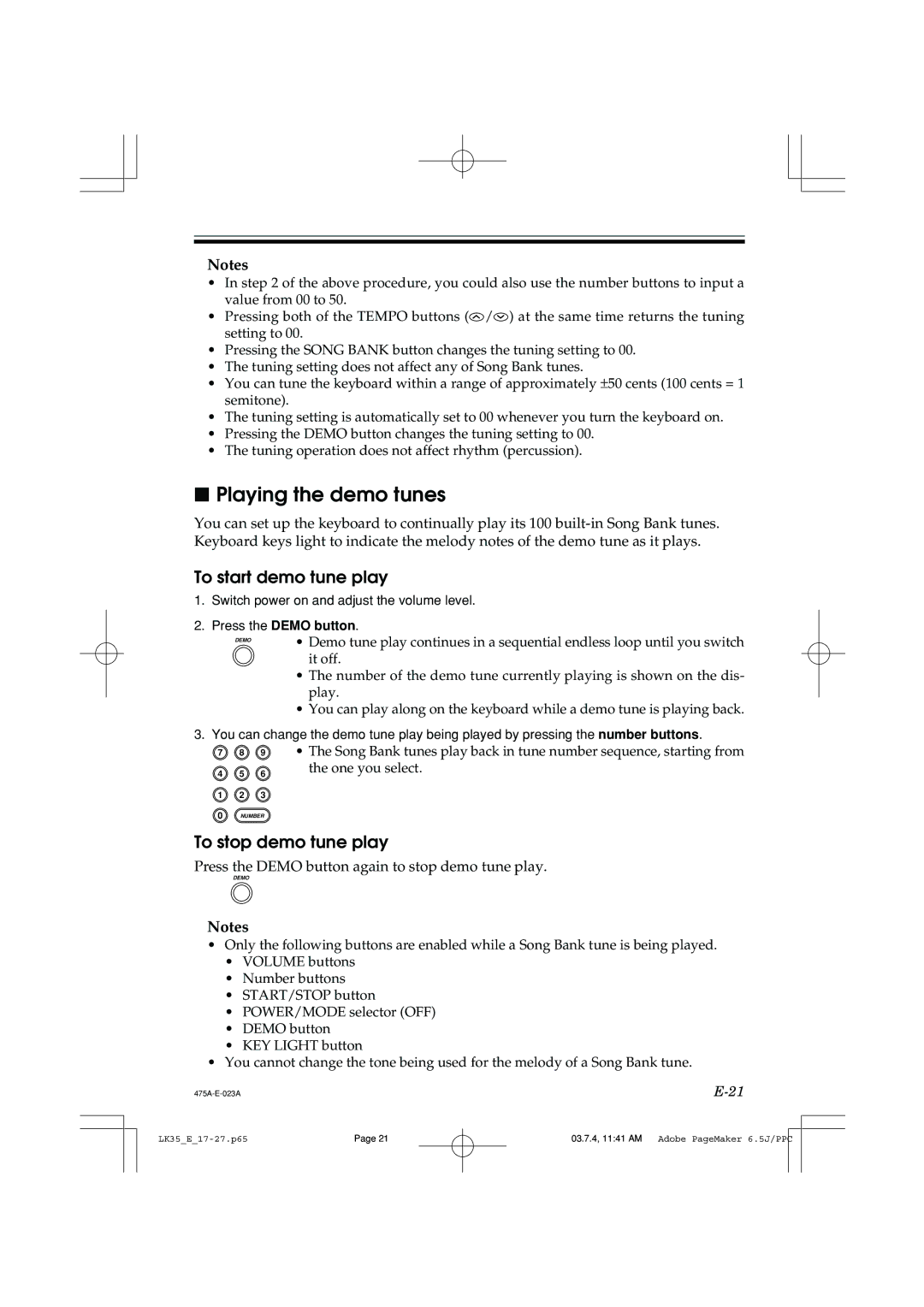 Casio LK35 manual Playing the demo tunes, To start demo tune play, To stop demo tune play 